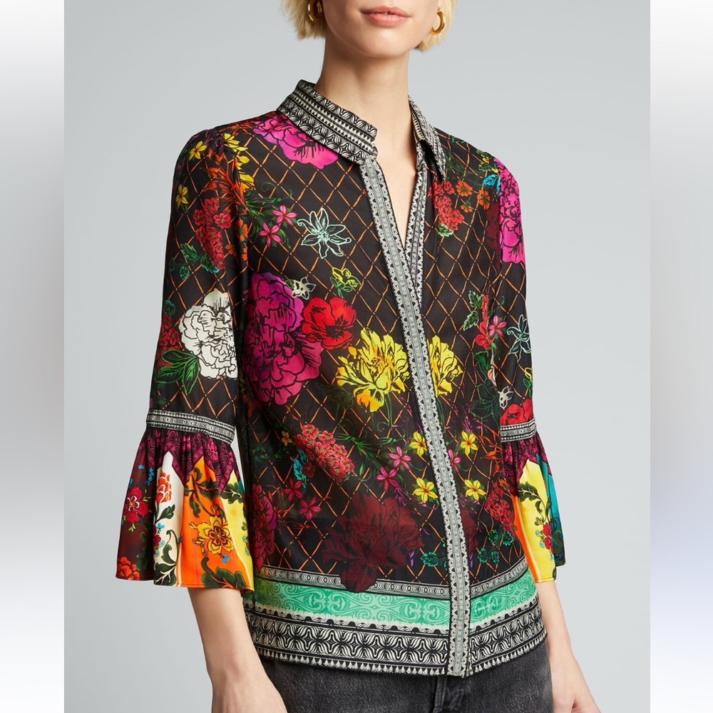 Alice+Olivia Silk Cotton Ruffle Sleeve Floral Collared Colourful Button Down Top - Picture 2 of 14